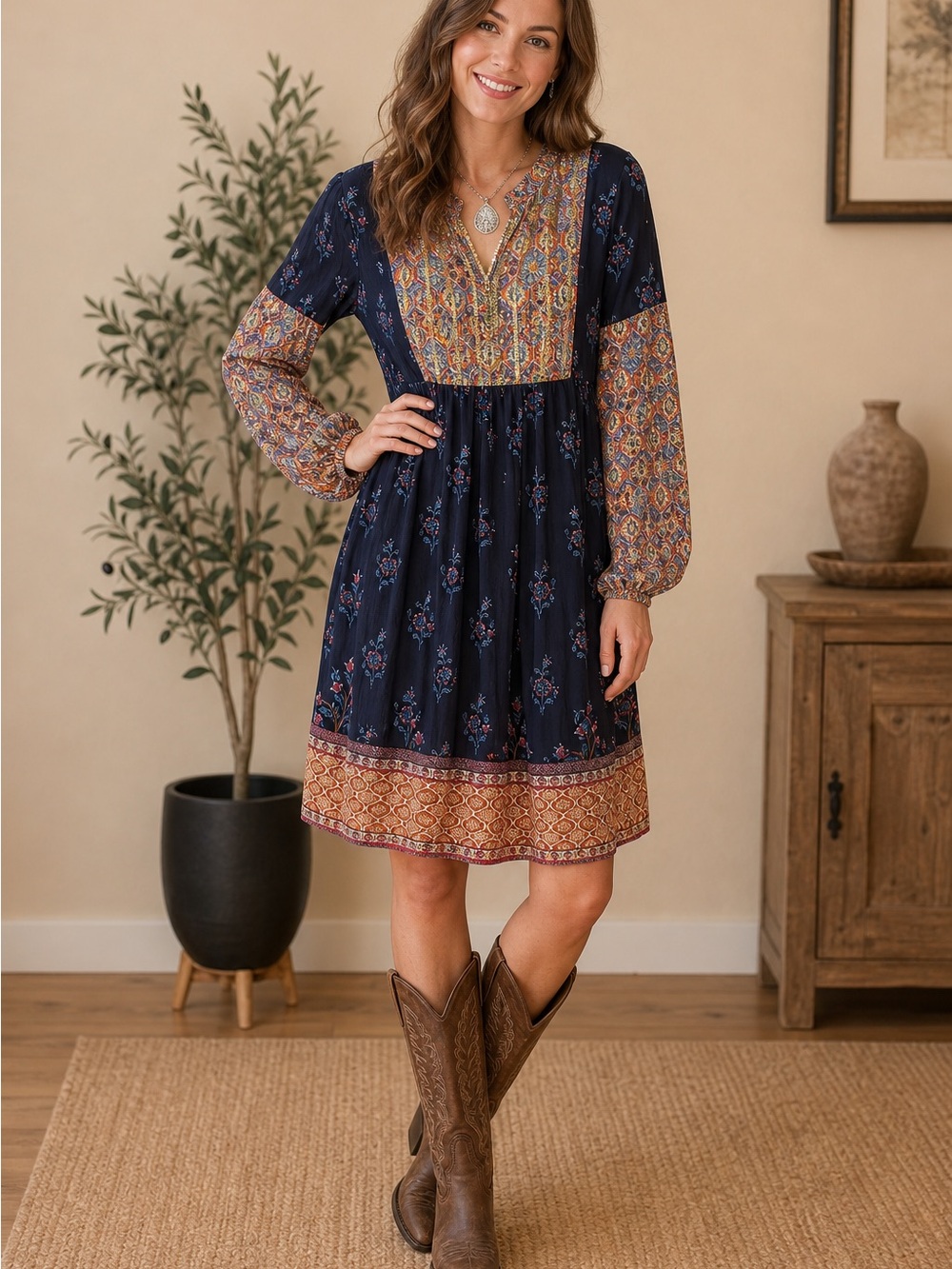 Soft Surroundings Navy Boho Patchwork Long-Sleeve Dress - Picture 1 of 10